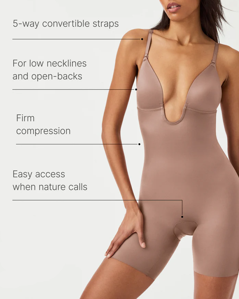 Deep V-Neck Convertible Strap Firm Compression Mid-Thigh Bodysuit Shaper(Pre-Sale)