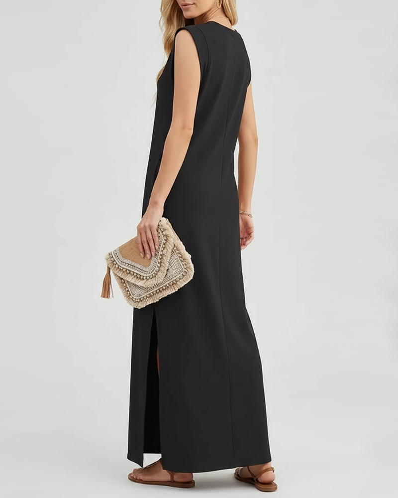 Crew Neck Casual Loose Long Vacation Dress With Pockets