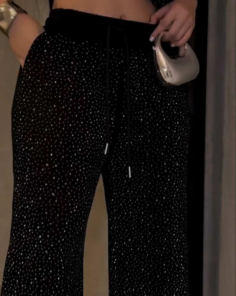 Rhinestone Embellished Loose Fitting Casual Top And Wide Leg Pants Set 