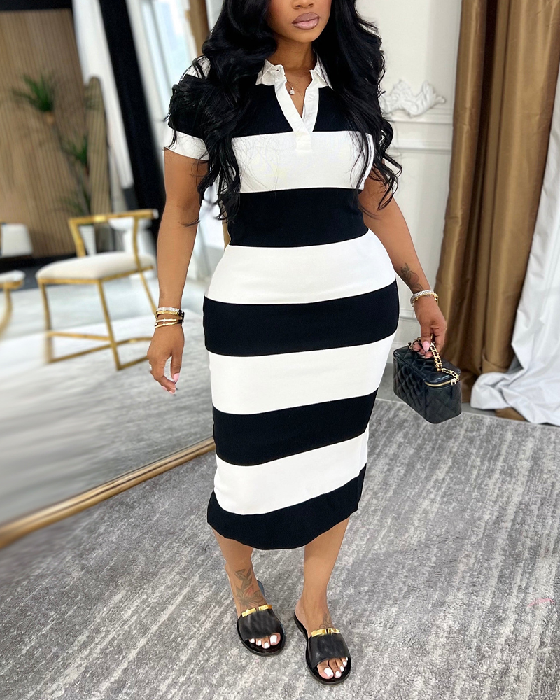 Polo Collar Retro Color Block Splicing Slim Fit Dress