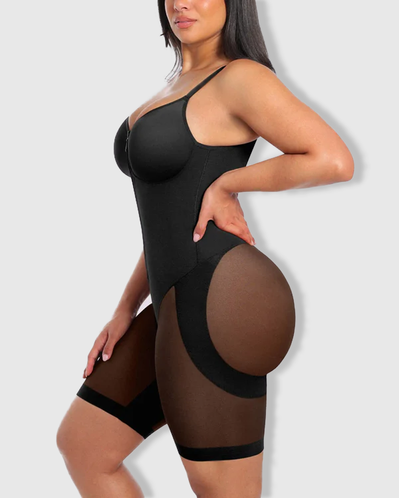 Front Zipper Butt Lifter Mid-Thigh Mesh Bodysuit Shapewear（Pre-Sale）