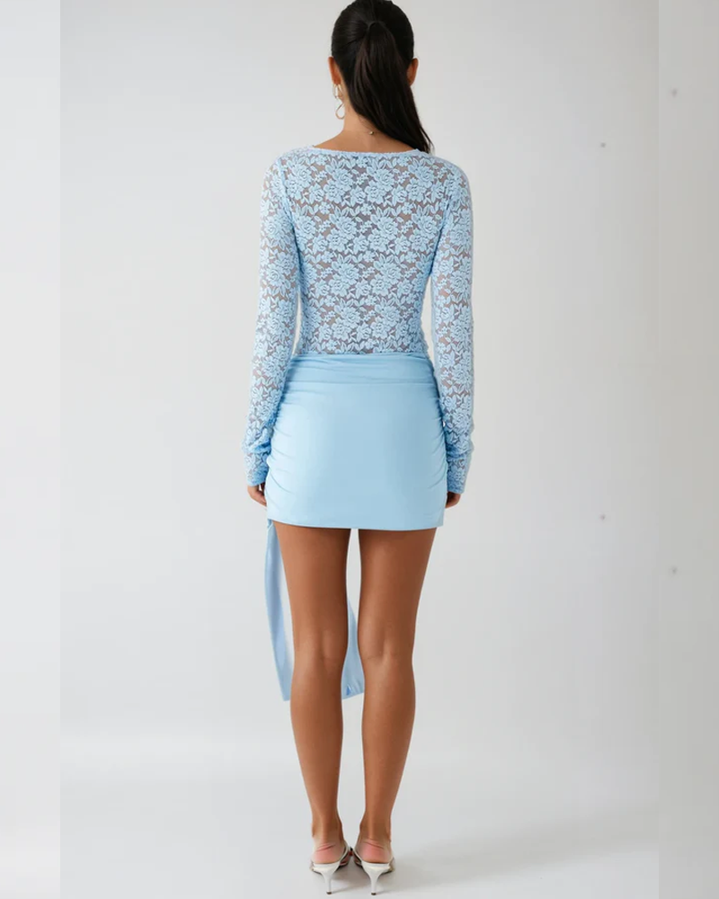 Stylish And Sexy Round Neck Lace-Trimmed Long-Sleeved Dress With Ribbons