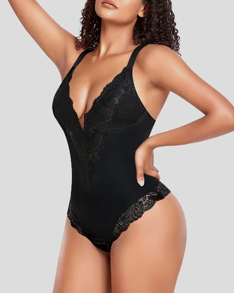 V‑Neck Lace Tummy Control Shaper Bodysuit (Pre‑Sale)