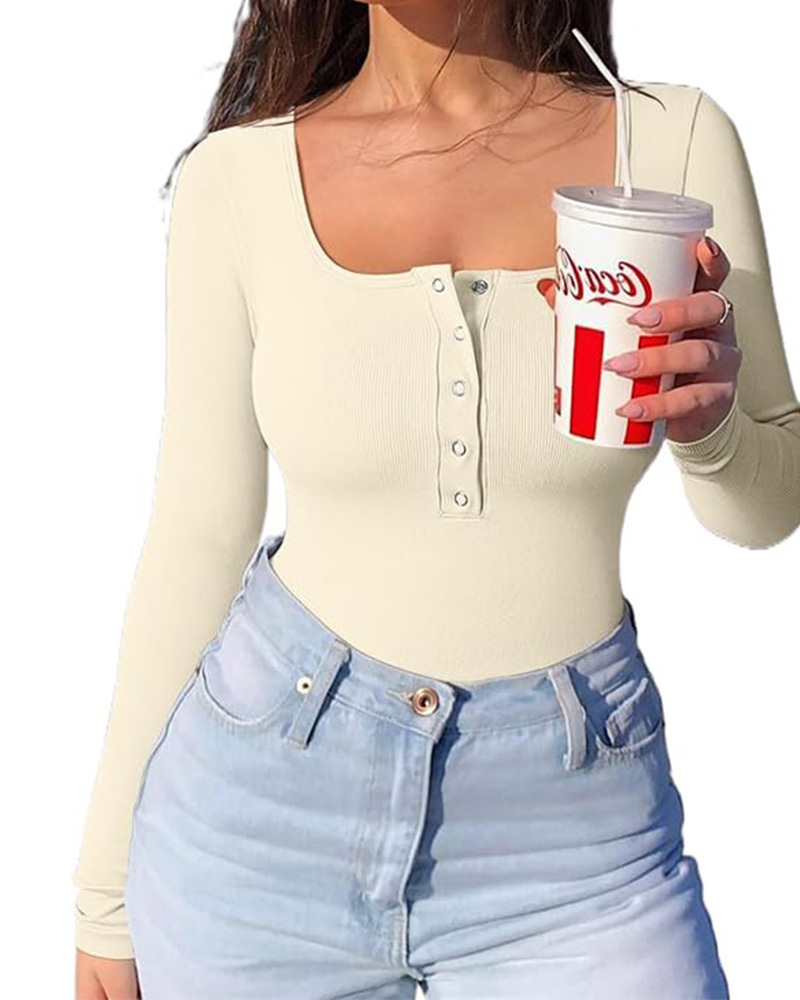 Button-Front Square-Neck Ribbed Triangle Bodysuit