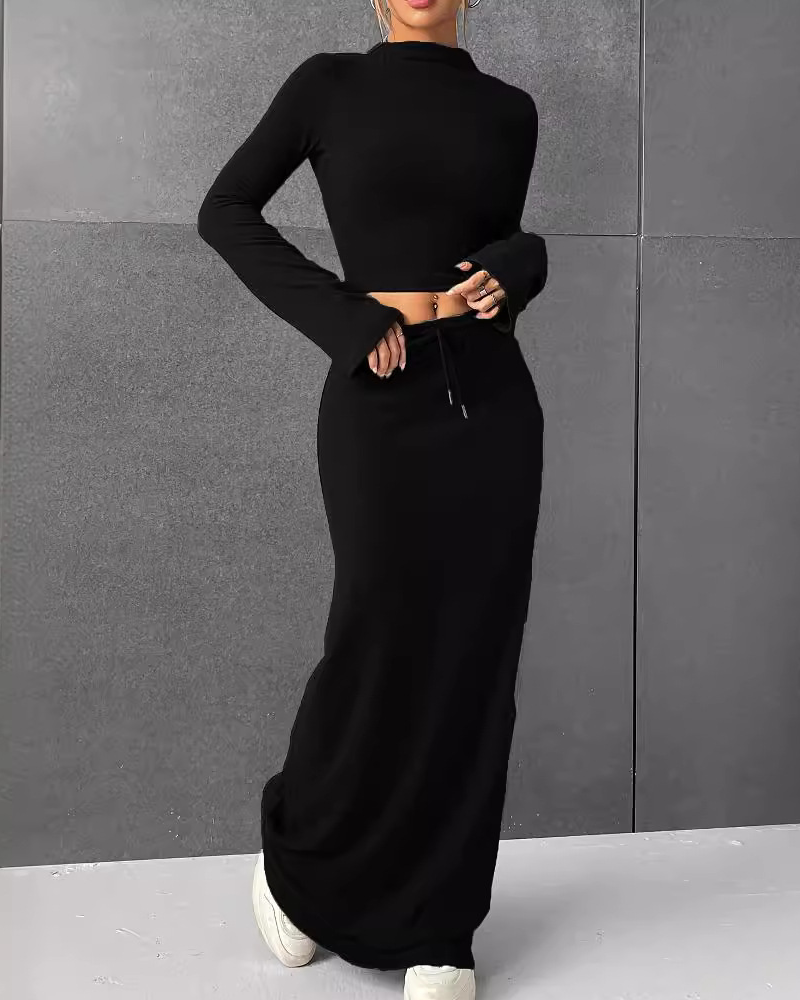 Solid Color Long-Sleeved Slim-Fit Base Layer Bodycon Long Skirt Set