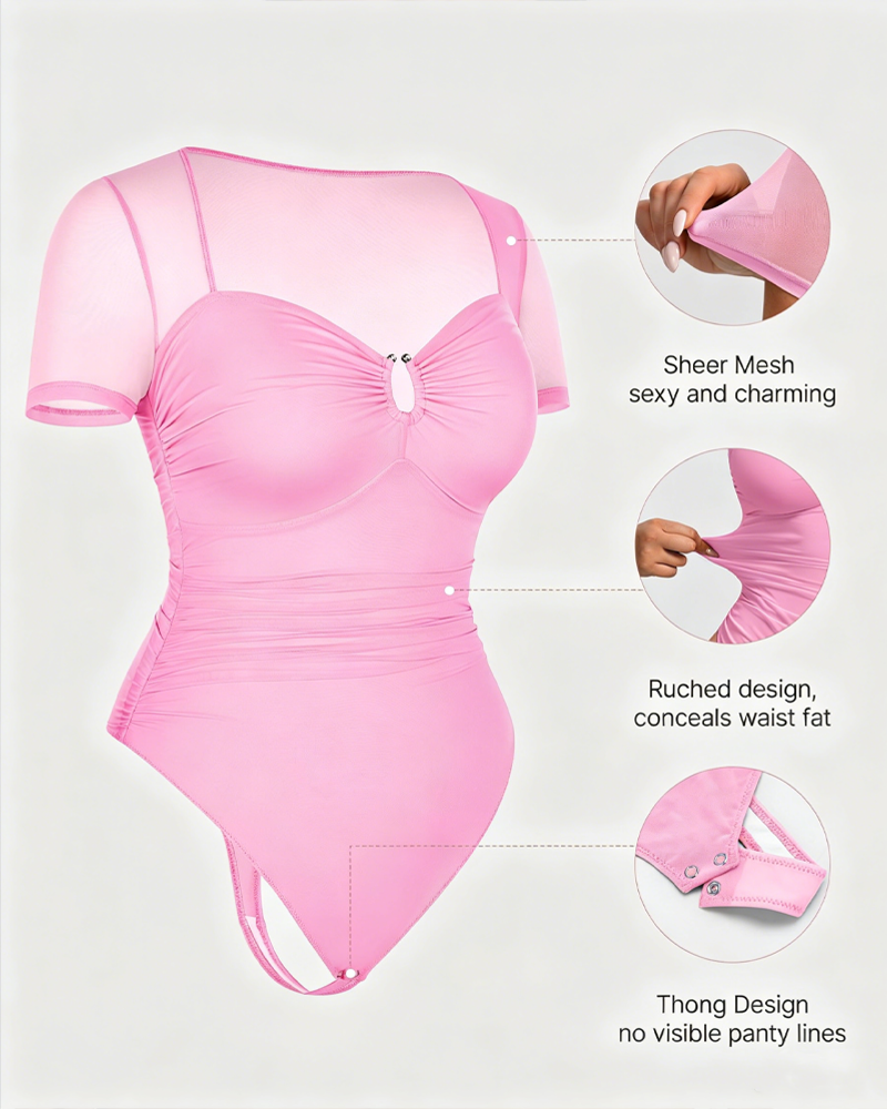 Sheer Mesh Short-Sleeve Ruched Thong Bodysuit（Pre-Sale）