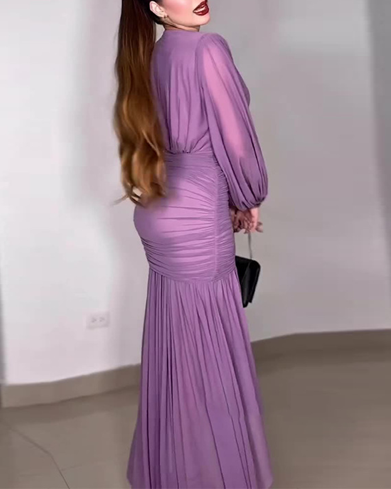 V Neck Pleated Waist Bodycon Maxi Dress (Pre-Sale)