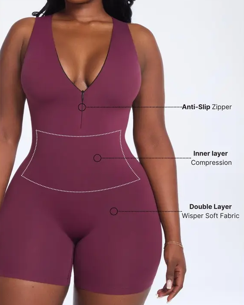 V-Neck Zipper Front Tummy Control Short Shapewear Bodysuit（Pre-sale）