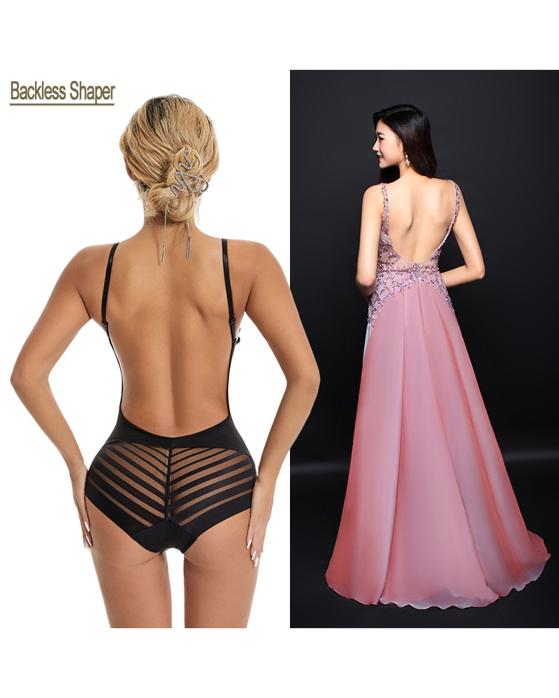 U-Shaped Bra Striped Mesh Belly Shaping Bodysuit-Curvy-Faja