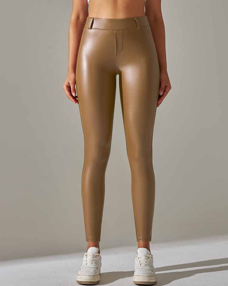 Pocket Pu Leather Pants With Tight Belly And High Waist