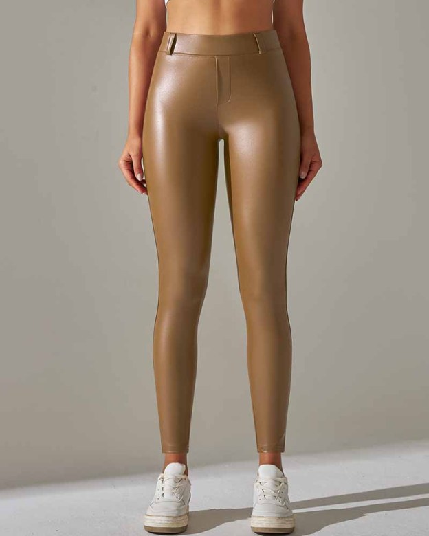 Pocket Pu Leather Pants With Tight Belly And High Waist