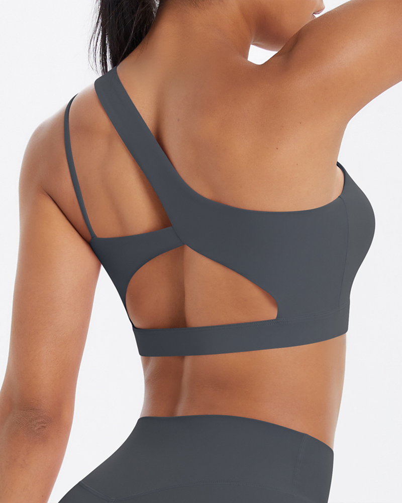 Asymmetrical One-Shoulder Backless Sports Bra-Curvy-Faja