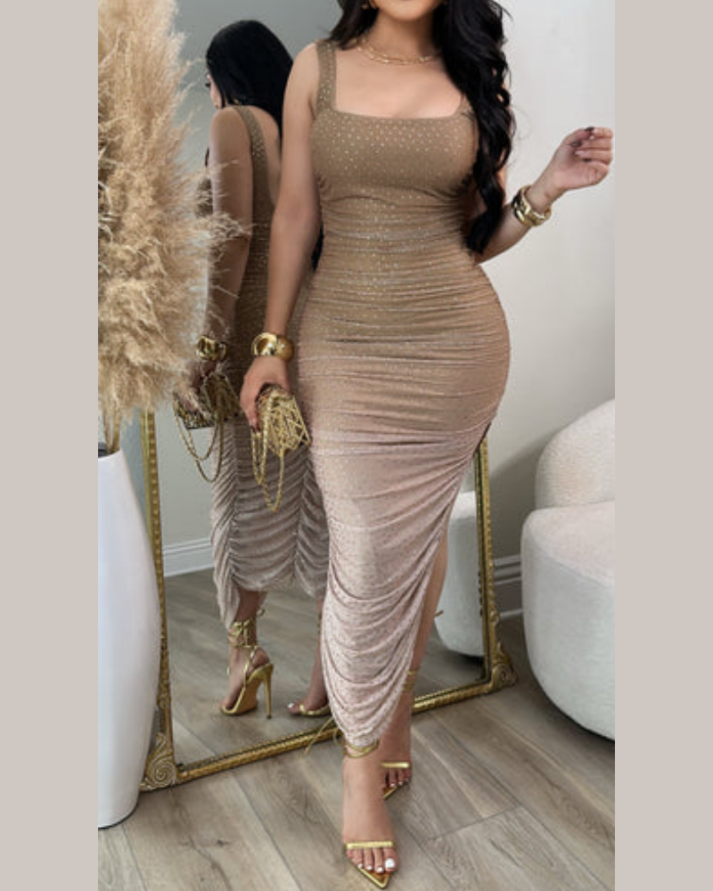 Sexy Women's See-through Mesh Studded Evening Dress-Curvy-Faja