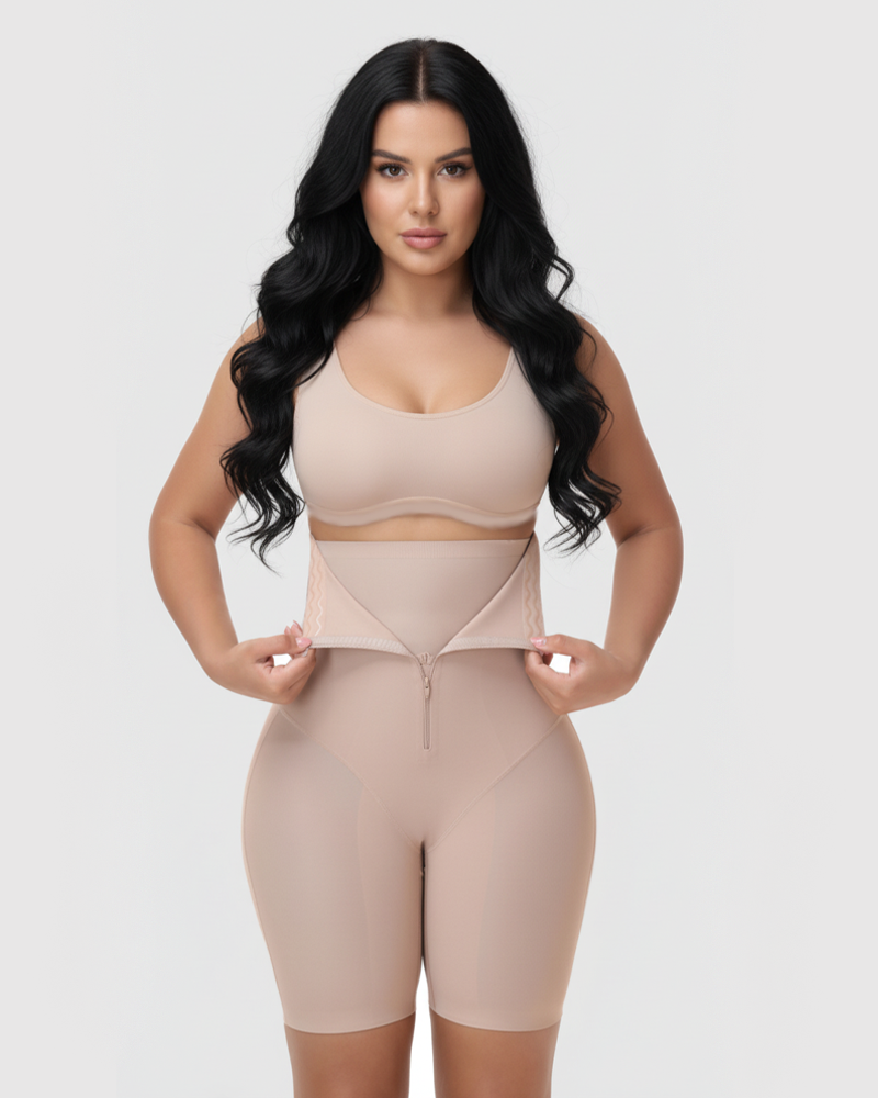 High Waist Front Zipper Tummy Control Butt Lifting Anti-Roll Mid Thigh Shapewear Shorts