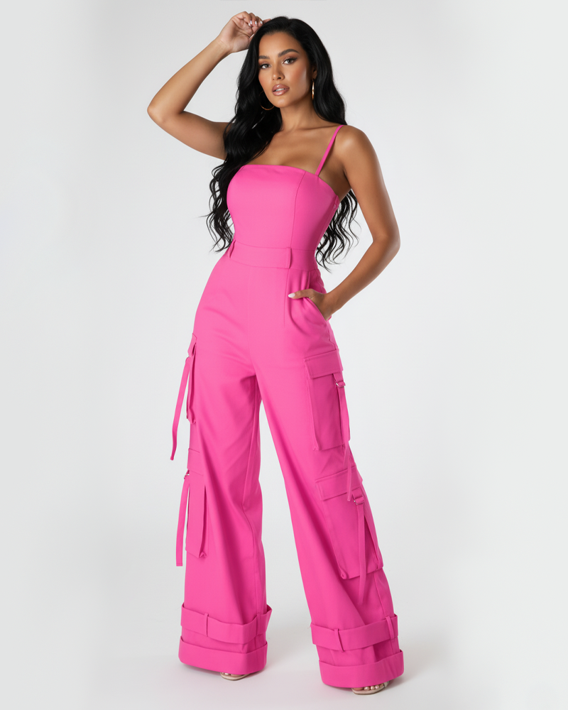 Multi-Pocket Casual Spaghetti Strap Wide Leg Loose Jumpsuit