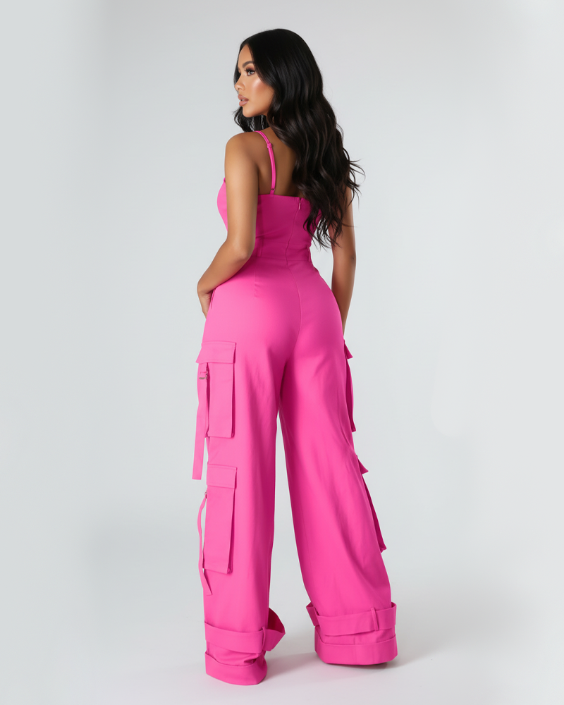 Multi-Pocket Casual Spaghetti Strap Wide Leg Loose Jumpsuit