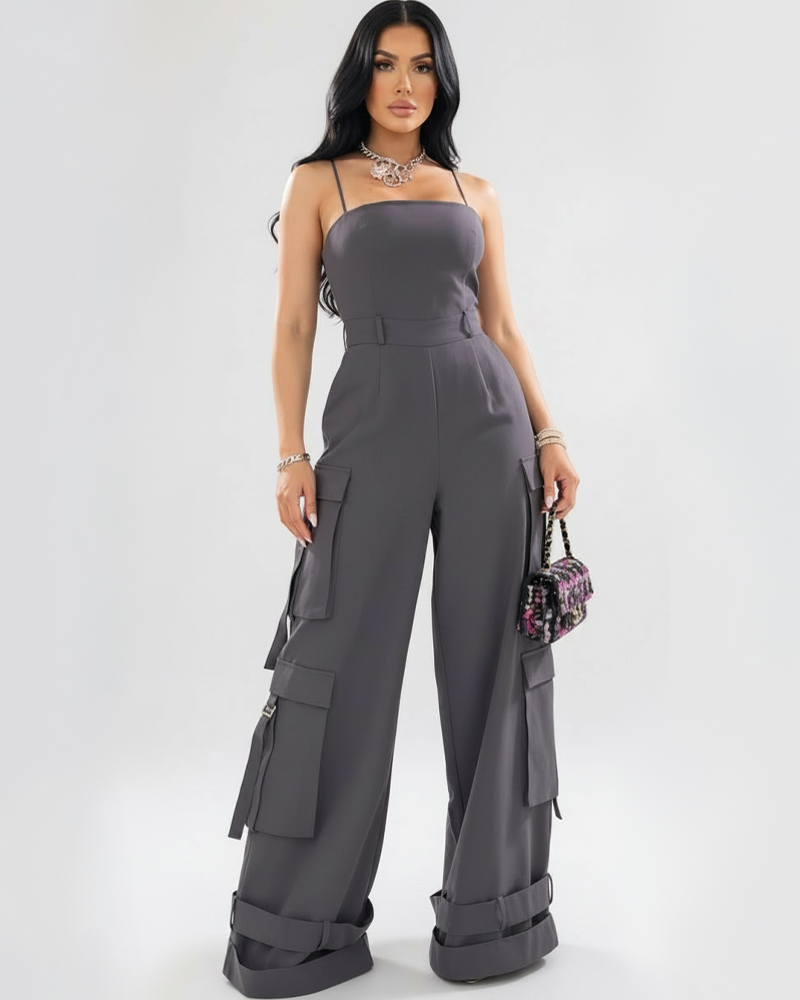 Multi-Pocket Casual Spaghetti Strap Wide Leg Loose Jumpsuit