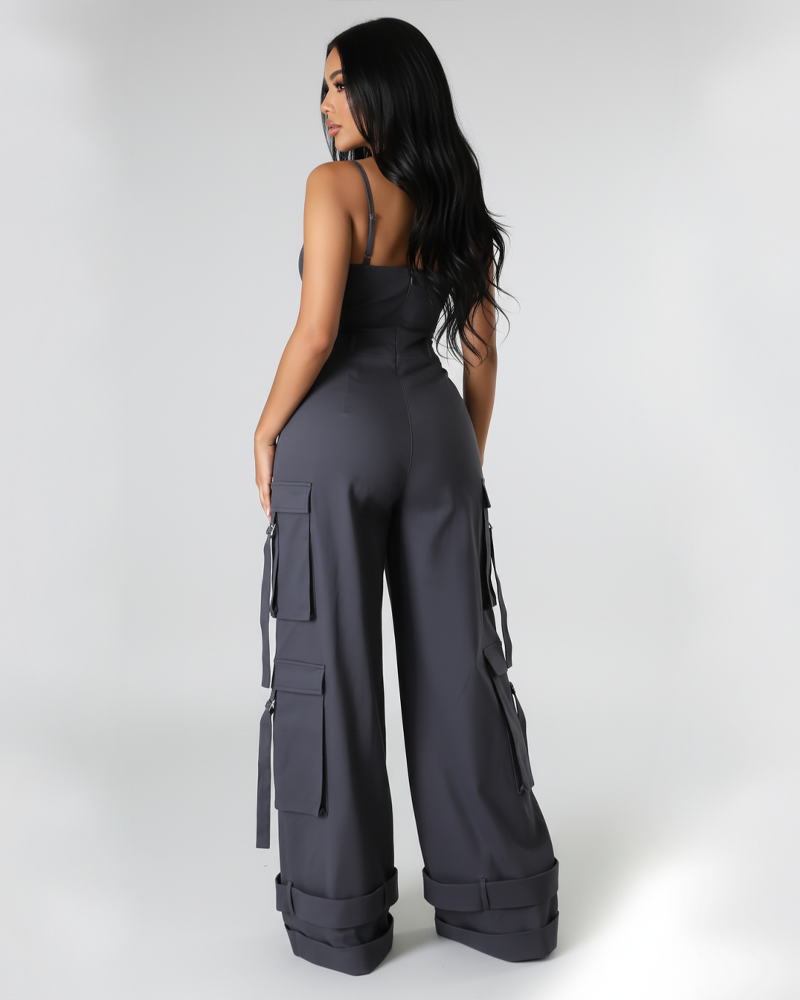 Multi-Pocket Casual Spaghetti Strap Wide Leg Loose Jumpsuit