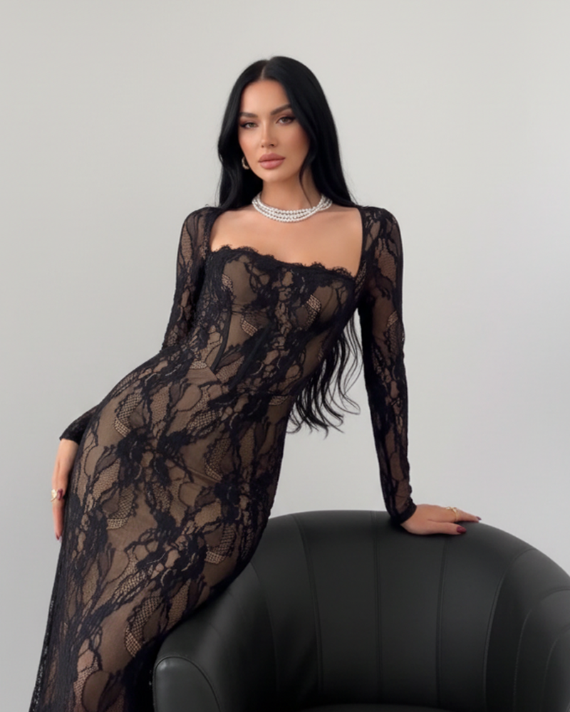 Women Square Neck Lace Trim Spliced Long Sleeve Mermaid Maxi Dress Slim Fit