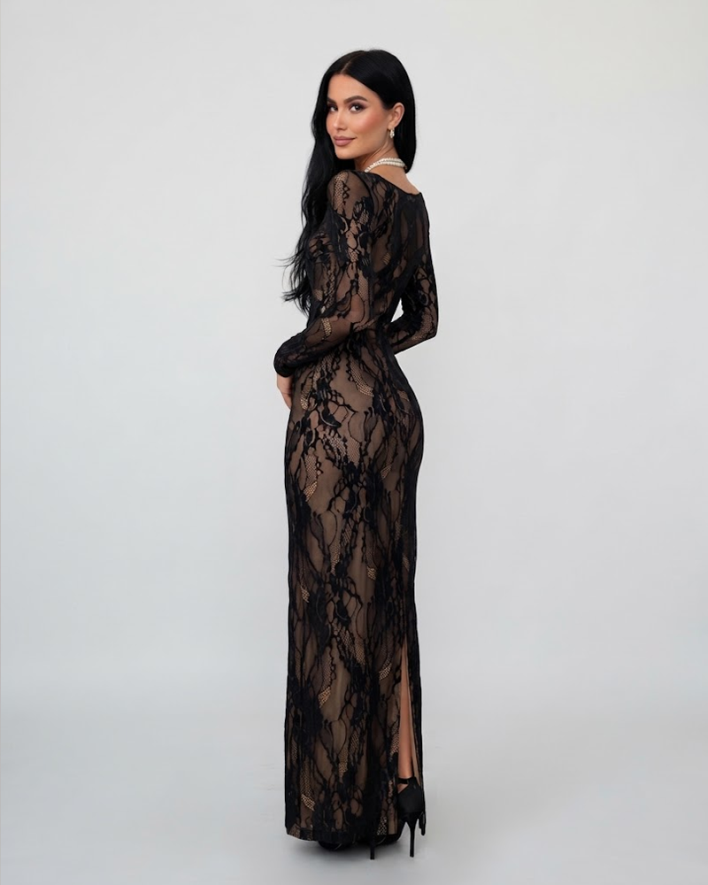 Women Square Neck Lace Trim Spliced Long Sleeve Mermaid Maxi Dress Slim Fit