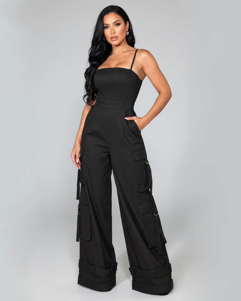 Multi-Pocket Casual Spaghetti Strap Wide Leg Loose Jumpsuit