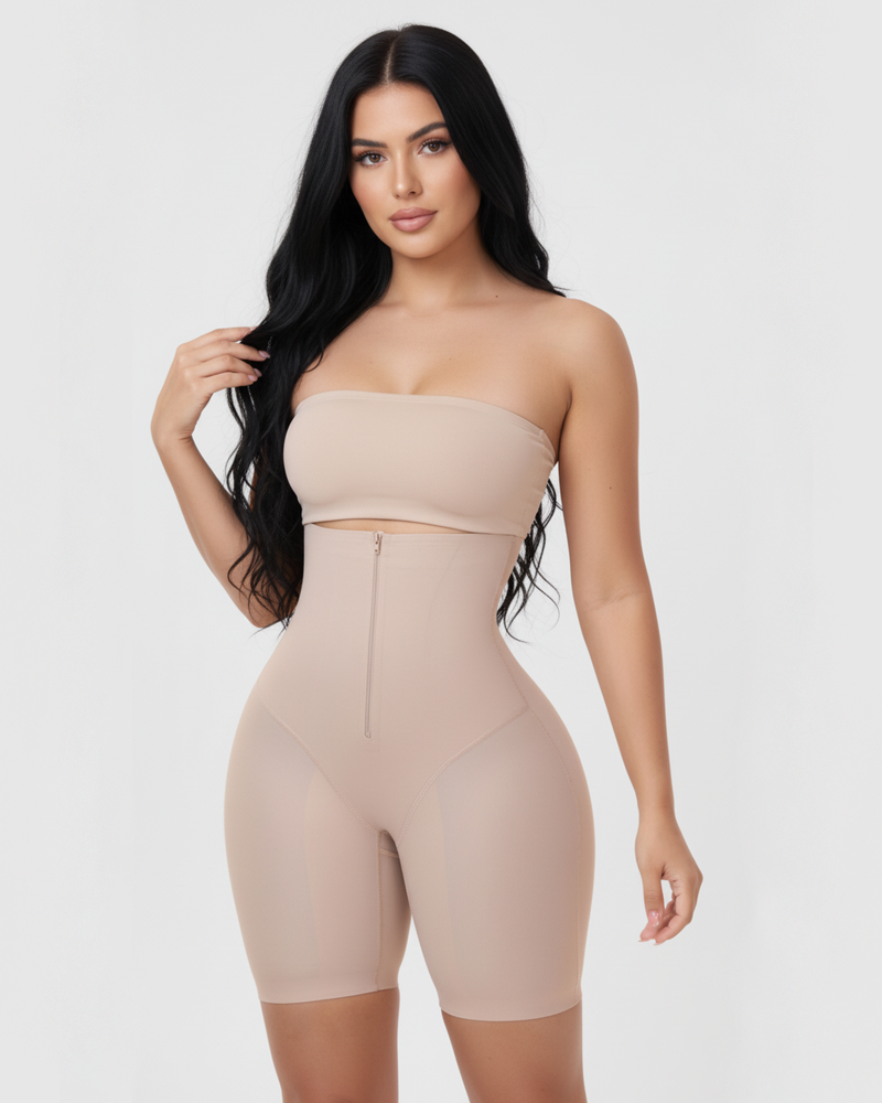 High Waist Front Zipper Tummy Control Butt Lifting Anti-Roll Mid Thigh Shapewear Shorts