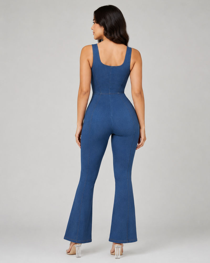 Faux Denim Zipper Body Shaper Flare Leg Jumpsuit Shaping One‑Piece Outfit（Pre‑Sale）