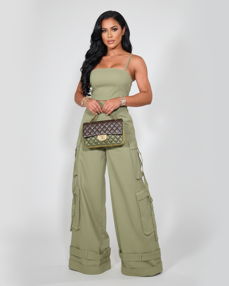 Multi-Pocket Casual Spaghetti Strap Wide Leg Loose Jumpsuit