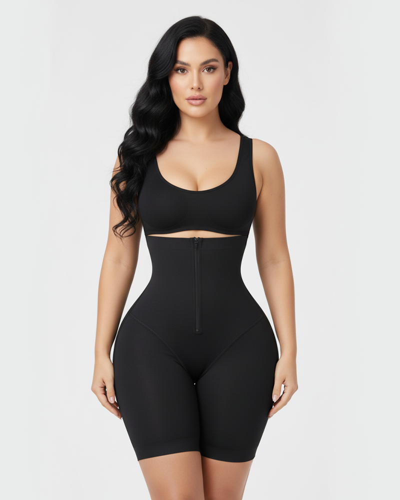 High Waist Front Zipper Tummy Control Butt Lifting Anti-Roll Mid Thigh Shapewear Shorts