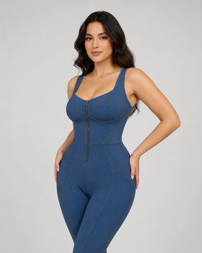 Faux Denim Zipper Body Shaper Flare Leg Jumpsuit Shaping One‑Piece Outfit（Pre‑Sale）