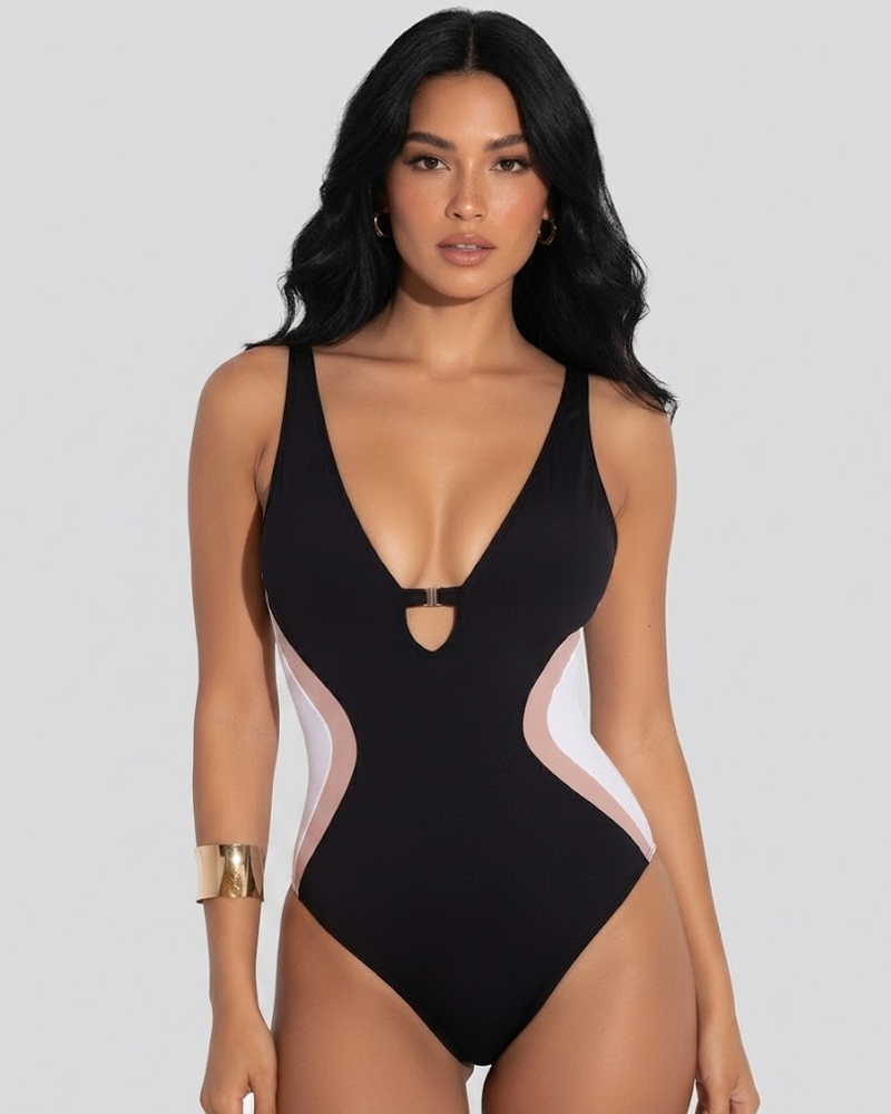 Vacation Deep V Colorblock Tummy Control One-Piece Swimsuit