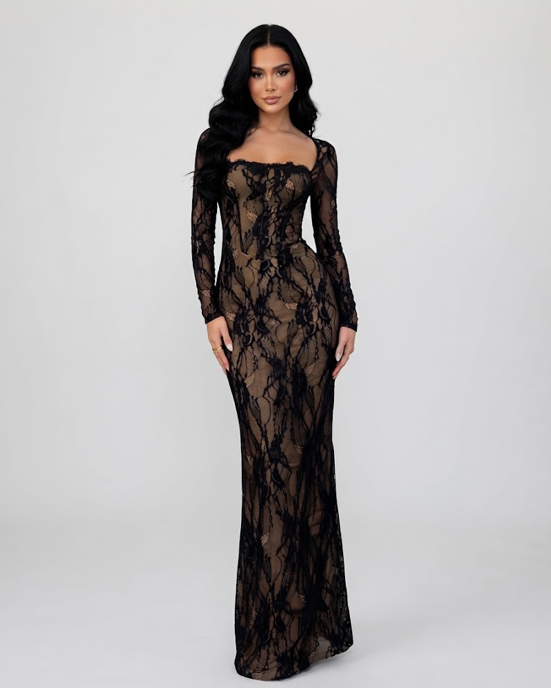 Women Square Neck Lace Trim Spliced Long Sleeve Mermaid Maxi Dress Slim Fit