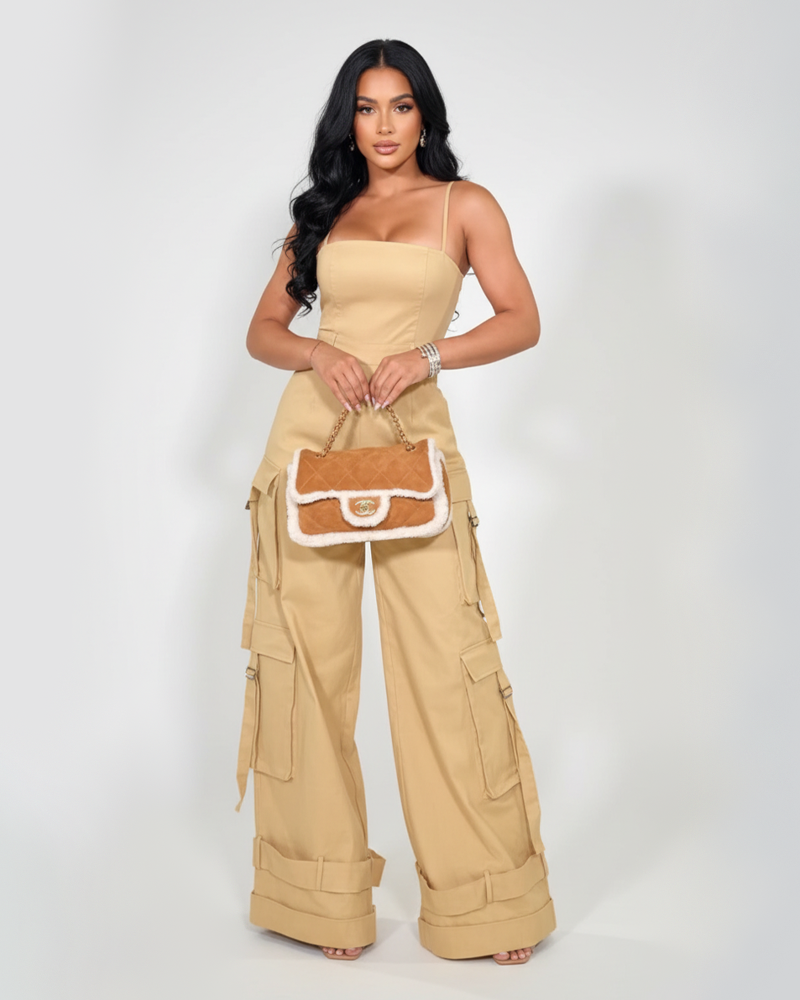 Multi-Pocket Casual Spaghetti Strap Wide Leg Loose Jumpsuit