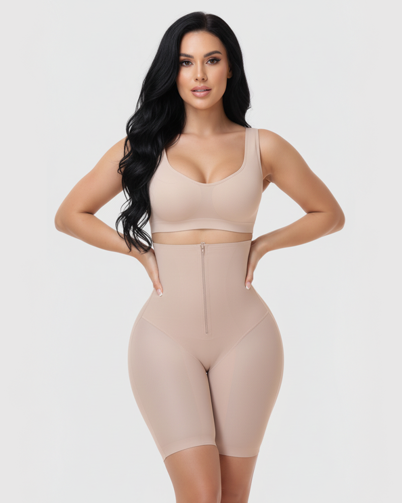High Waist Front Zipper Tummy Control Butt Lifting Anti-Roll Mid Thigh Shapewear Shorts