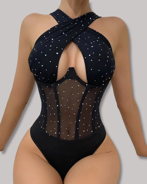 Halter Neck Cross Rhinestone Sheer Bodysuit