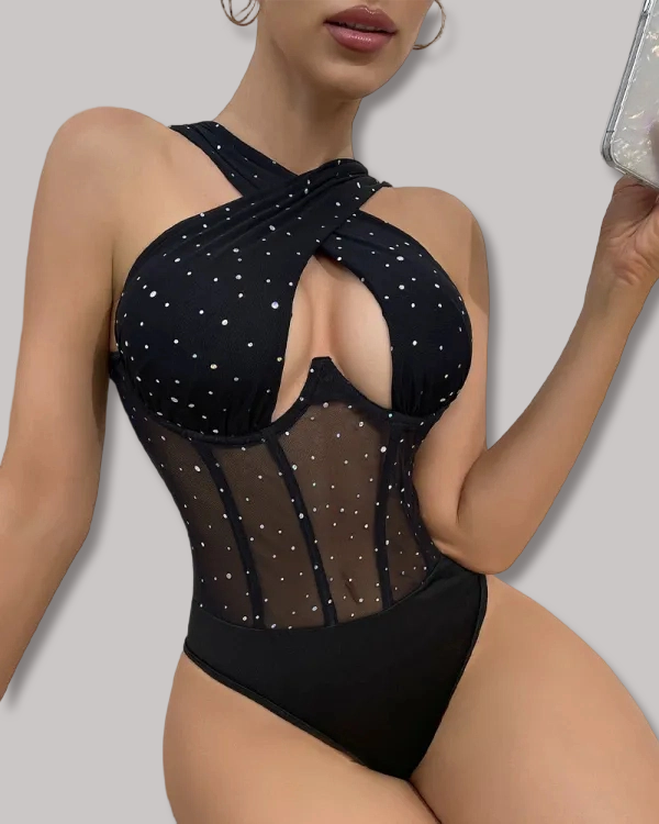 Halter Neck Cross Rhinestone Sheer Bodysuit