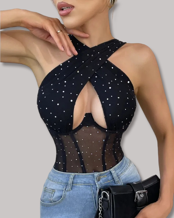 Halter Neck Cross Rhinestone Sheer Bodysuit