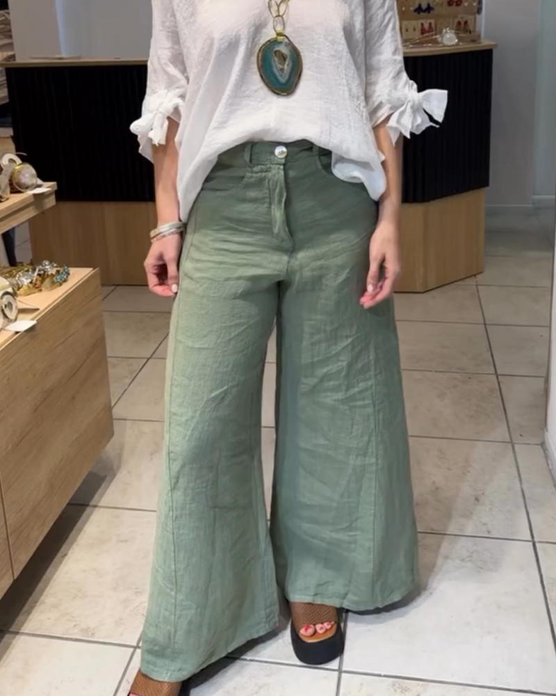 Cotton And Linen Casual Wide Leg Pants-Curvy-Faja