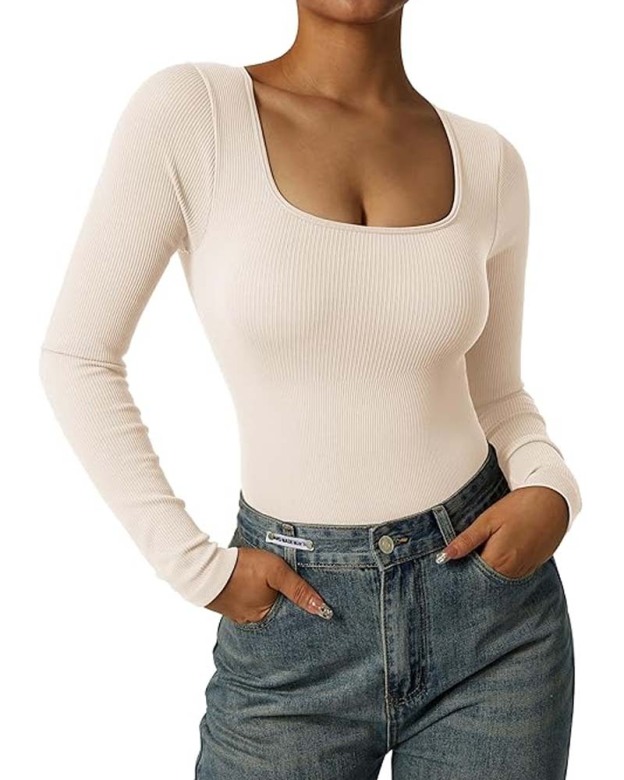 Ribbed Square Neck Bodysuit