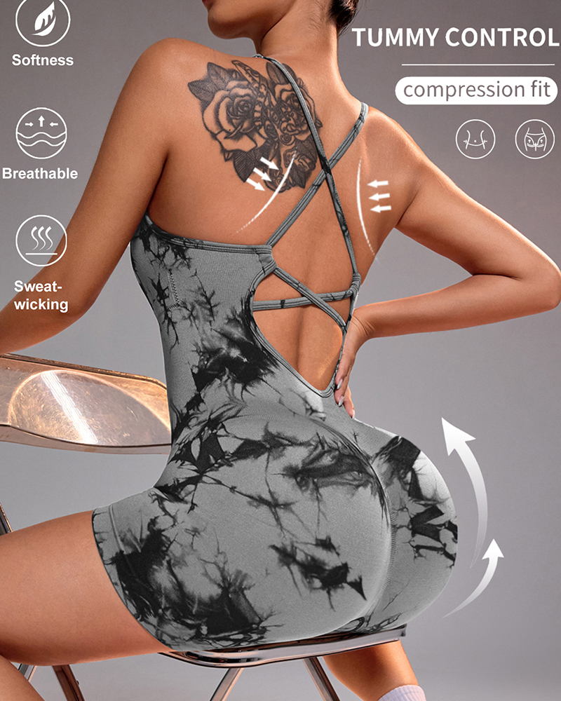 Tie-Dye Back Yoga Romper-Curvy-Faja