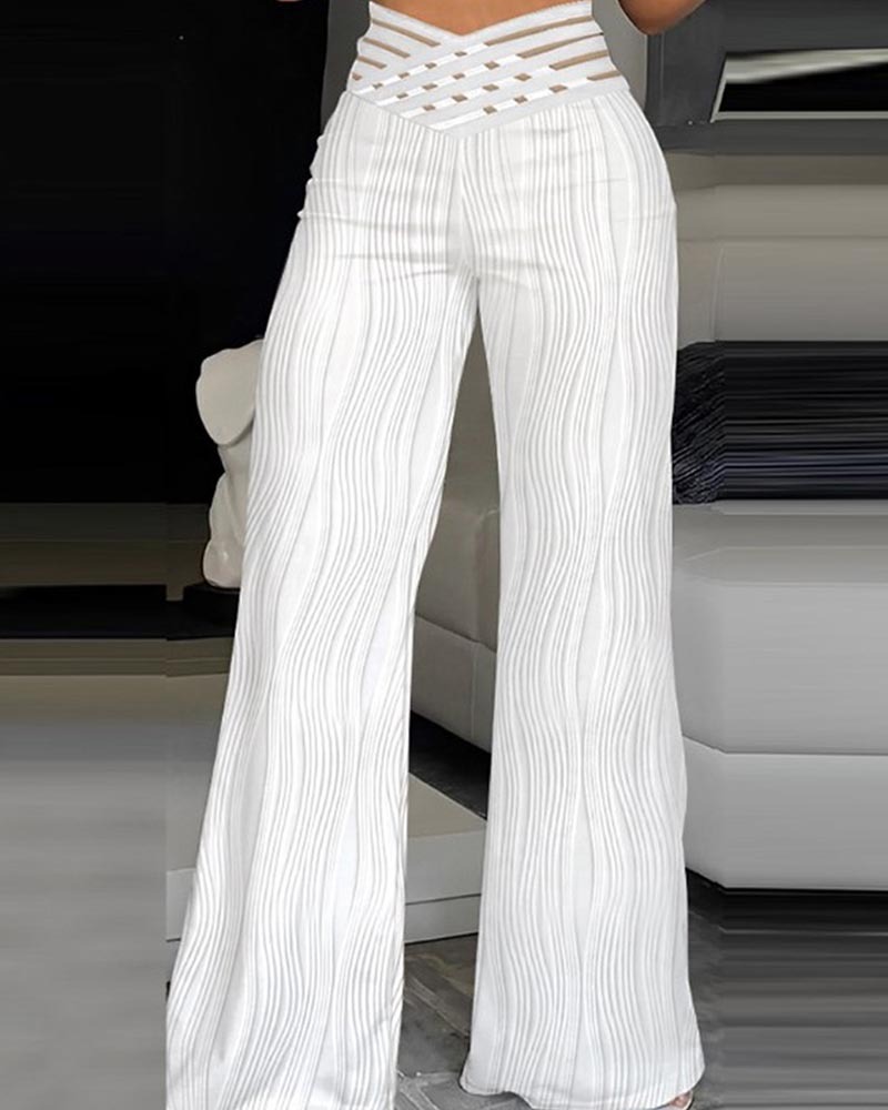 Draping Pleated Hollow-Cut Water Ripple Wide-Leg Pants-Curvy-Faja