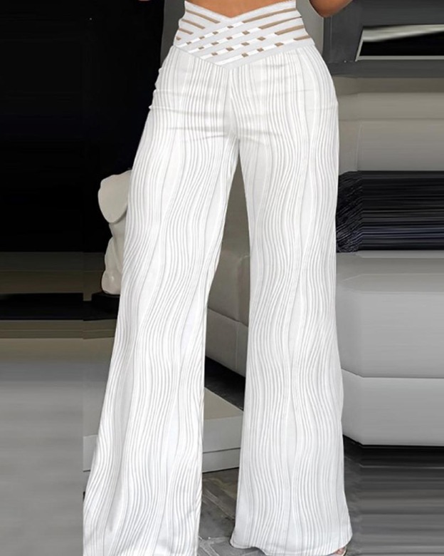 Draping Pleated Hollow-Cut Water Ripple Wide-Leg Pants-Curvy-Faja
