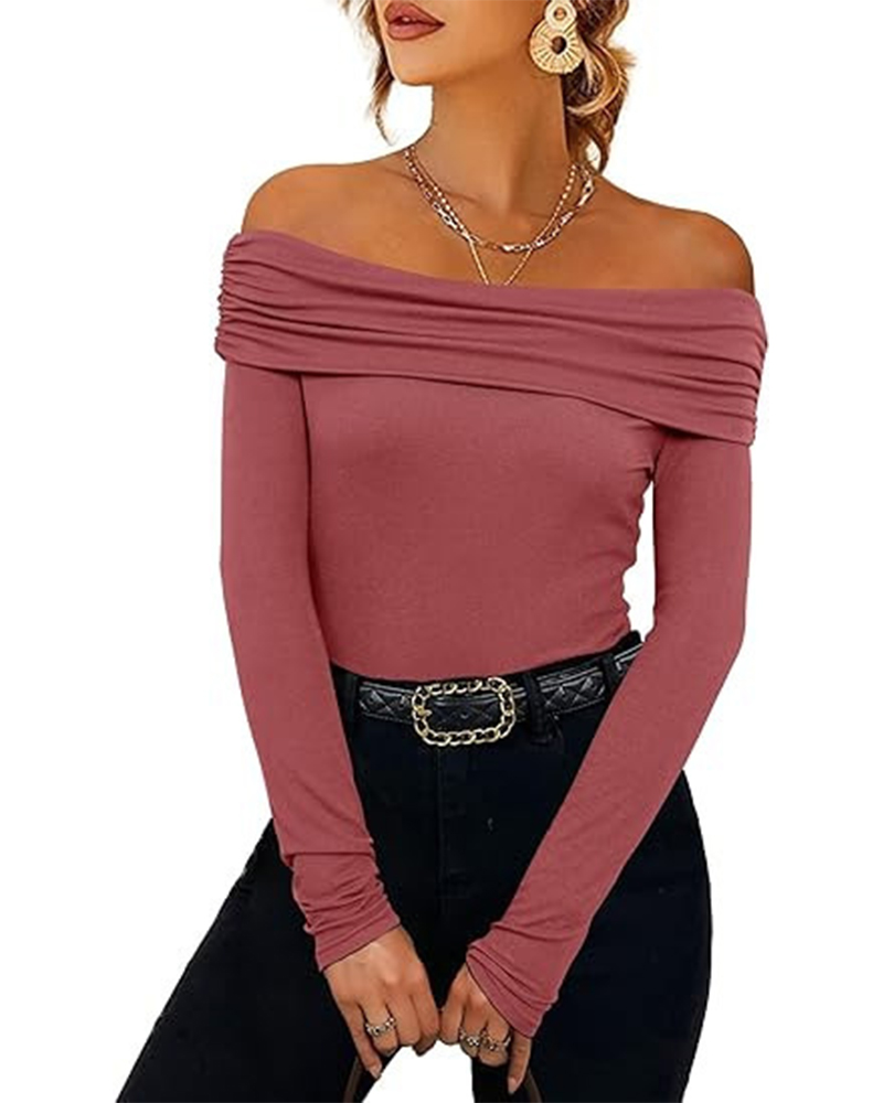 Sexy Off-Shoulder Slim-Fit Long-Sleeved Bottoming Shirt-Curvy-Faja