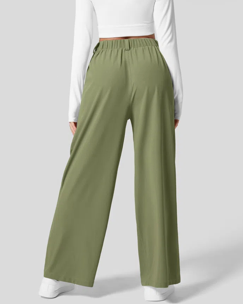 High Waisted Plicated Side Pocket Wide Leg Waffle Work Pants
