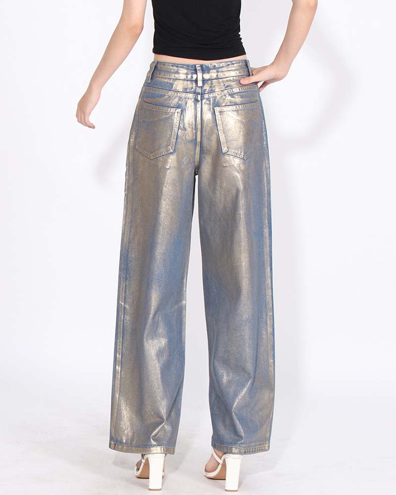 Gold Bronzed High-Waisted Baggy Wide-Leg Casual Jeans-Curvy-Faja