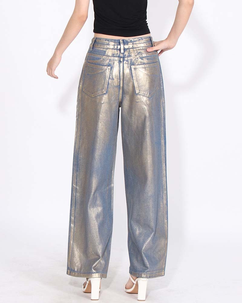 Gold Bronzed High-Waisted Baggy Wide-Leg Casual Jeans-Curvy-Faja