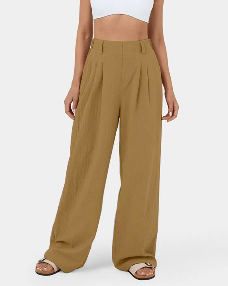 High Waisted Plicated Side Pocket Wide Leg Waffle Work Pants
