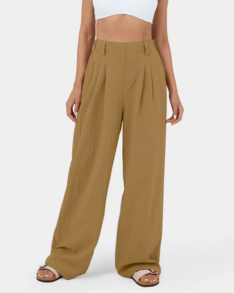 High Waisted Plicated Side Pocket Wide Leg Waffle Work Pants