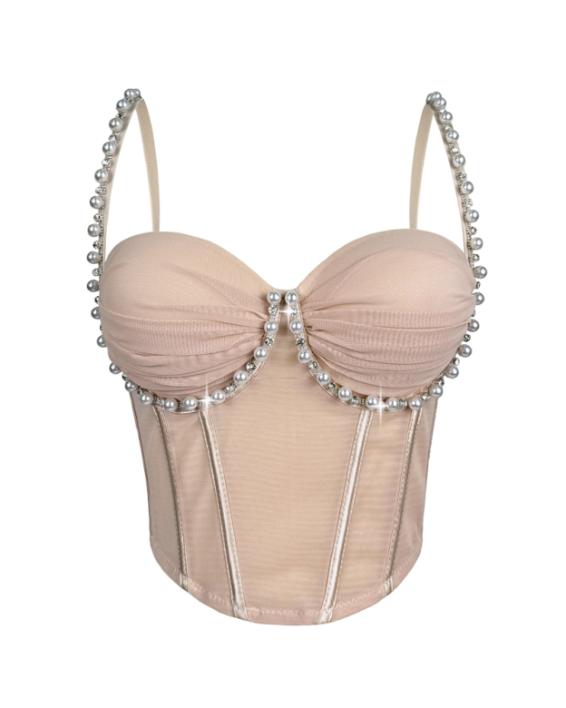 Beaded Pleated Mesh Boning Corset