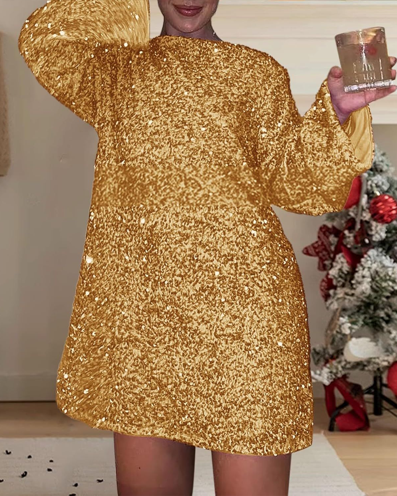 Christmas Party Backless Tie-Up Long-Sleeved Sequined Dress